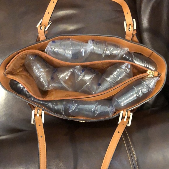 TORY BURCH Saffiano Leather Shoulder Bag Brown Leather Tote Bag Medallion Lining - Picture 12 of 17